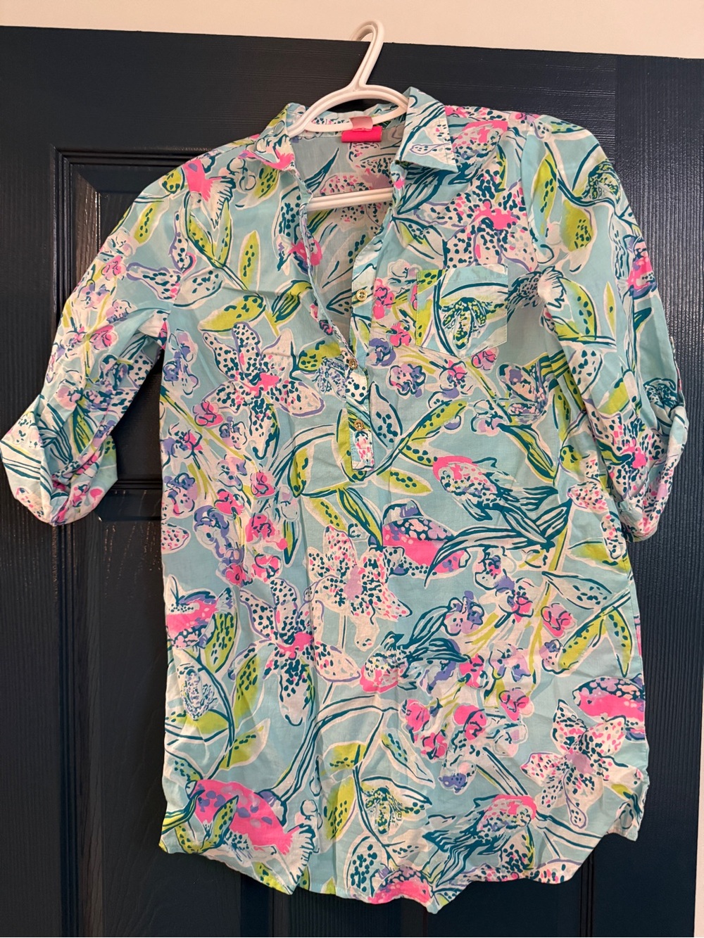 Lilly Pulitzer Aqua Floral Tunic Top Roll Tab Sleeves girls xl